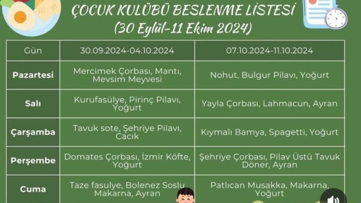 Okulumuz Çocuk Kulübü Ekim Ayı Beslenme Listesi 